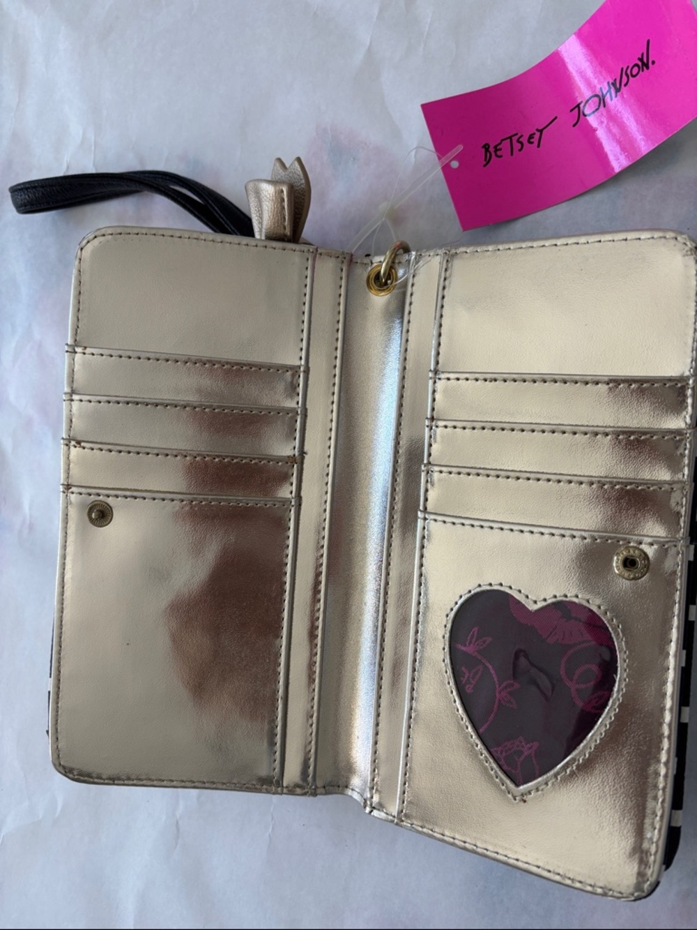 Betsey Johnson Black and cream Striped gold Bow Wristlet - Picture 2 of 5